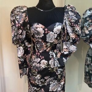 Lavish Alice Black Floral Long puff Sleeve Dress